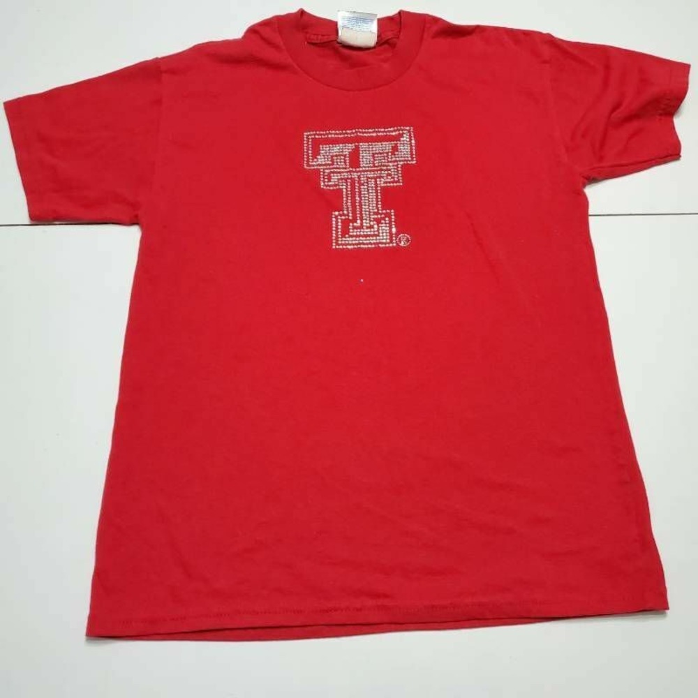 Texas Tech Hanes Heavyweight Unisex Kids T-Shirt Red Rhinestone Bling L